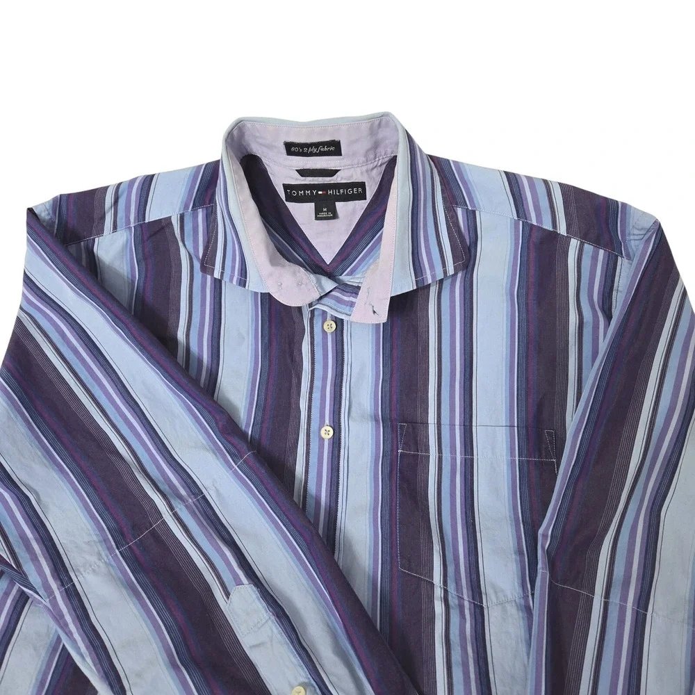 Tommy Hilfiger Shirt Men's M Blue Purpl Striped Long Sleeve Button Up 80's 2 Ply - Picture 3 of 15